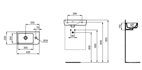 Умывальник для рук 45x25 см, правая версия Ideal Standard i.life S
