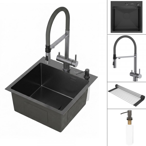 Кухонная мойка Roxen Simple 45 PVD 560220-45B (графит) 45x45 см с ролл-матом, смесителем и дозатором 560100