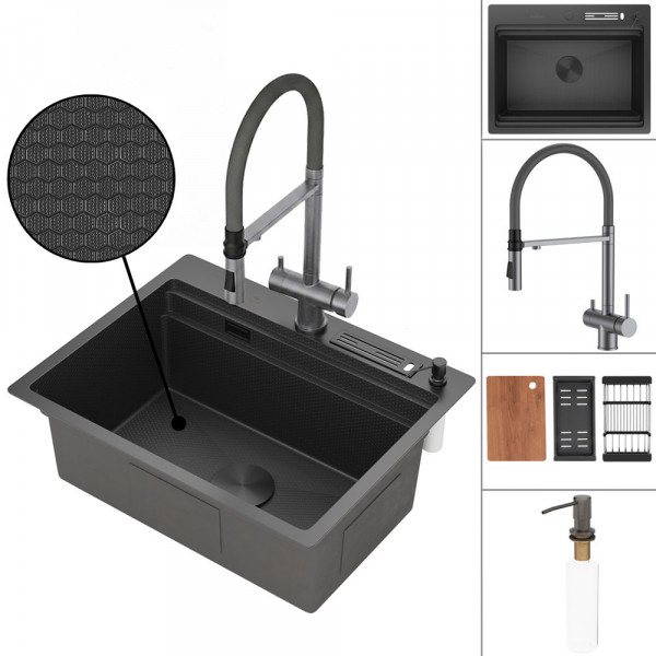 Кухонная мойка Roxen Stage 60-BS графит 560250-60-BS (текстурное покрытие) 60х48 см с держателем для ножей, двумя коландерами, разделочной доской, смесителем и дозатором 560114