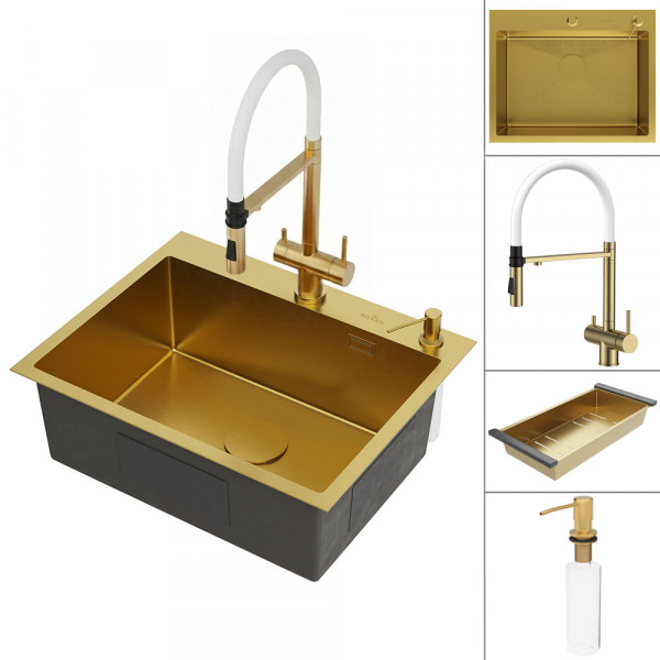 Кухонная мойка Roxen Simple 60 PVD (gold) 60x48 см 560220-60G + дозатор, смеситель и коландер 560150