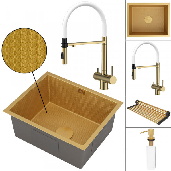 Кухонная мойка Roxen Uno 54х44 Gold (текстурное покрытие) 560210-54-GS с ролл-матом, смесителем и дозатором 560154