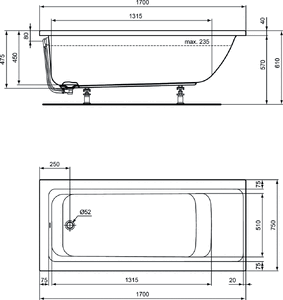Ванна акриловая Ideal Standart CONNECT AIR 170х75 см (E106401)