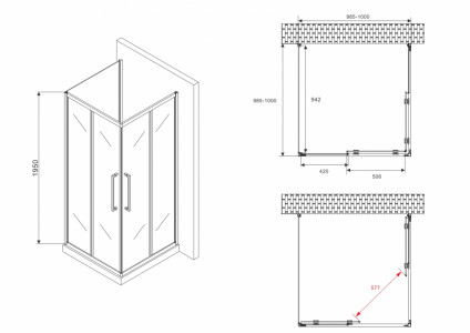 П-образный душевой уголок ABBER Schwarzer Diamant AG02100BH-S100B 100х100 черный профиль прозрачное стекло