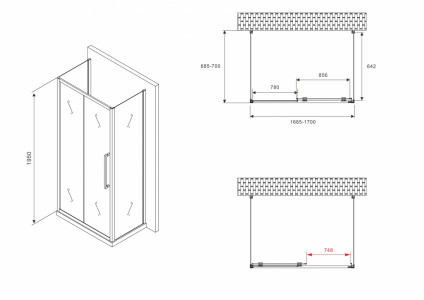 П-образный душевой уголок ABBER Schwarzer Diamant AG30170BH-S70B-S70B 170х70 черный профиль прозрачное стекло