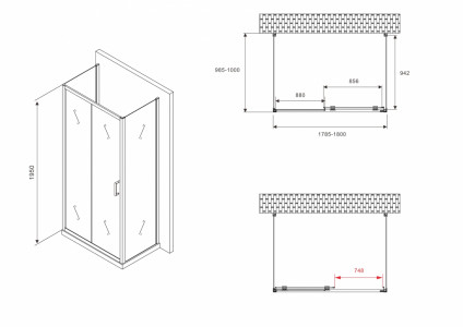 П-образный душевой уголок ABBER Schwarzer Diamant AG30180B-S100B-S100B 180х100 черный профиль прозрачное стекло