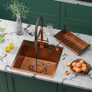 Кухонная мойка Roxen Simple 60х48 PVD зернистая бронза 560220-60BR-GR с коландером и дозатором