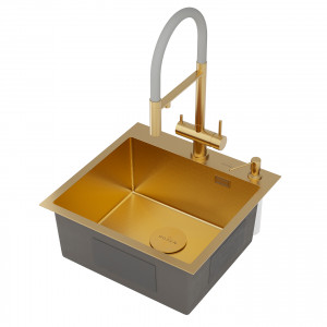 Кухонная мойка Roxen Simple 50х48 PVD зернистое золото 560220-50G-GR с коландером и дозатором