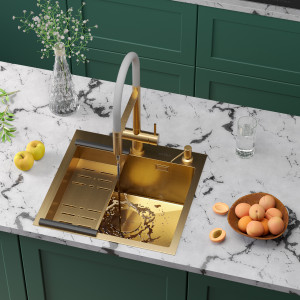 Кухонная мойка Roxen Simple 50х48 PVD зернистое золото 560220-50G-GR с коландером и дозатором
