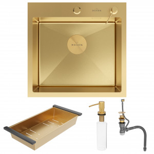 Кухонная мойка Roxen Simple 50х48 PVD золото (текстурное покрытие) 560220-50G-V с коландером и дозатором