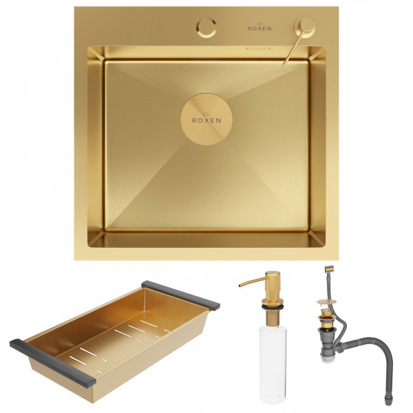 Кухонная мойка Roxen Simple 50х48 PVD золото (текстурное покрытие) 560220-50G-V с коландером и дозатором