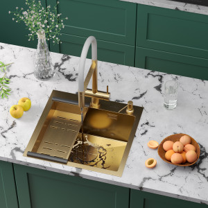 Кухонная мойка Roxen Simple 50х48 PVD золото (текстурное покрытие) 560220-50G-V с коландером и дозатором