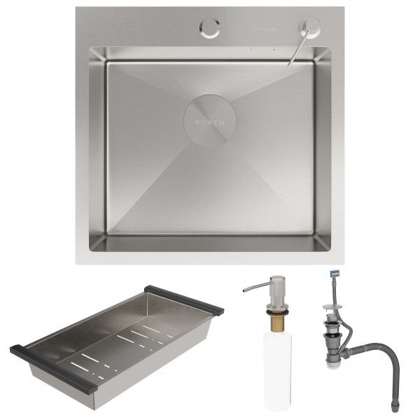 Кухонная мойка Roxen Simple 50х48 сатин (текстурное покрытие) 560220-50-V с коландером и дозатором