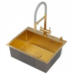 Кухонная мойка Roxen Simple 60х48 PVD зернистое золото 560220-60G-GR с коландером и дозатором
