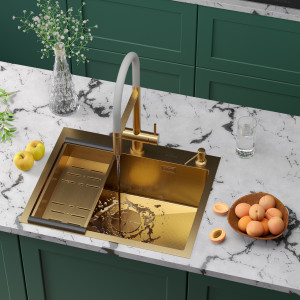 Кухонная мойка Roxen Simple 60х48 PVD зернистое золото 560220-60G-GR с коландером и дозатором