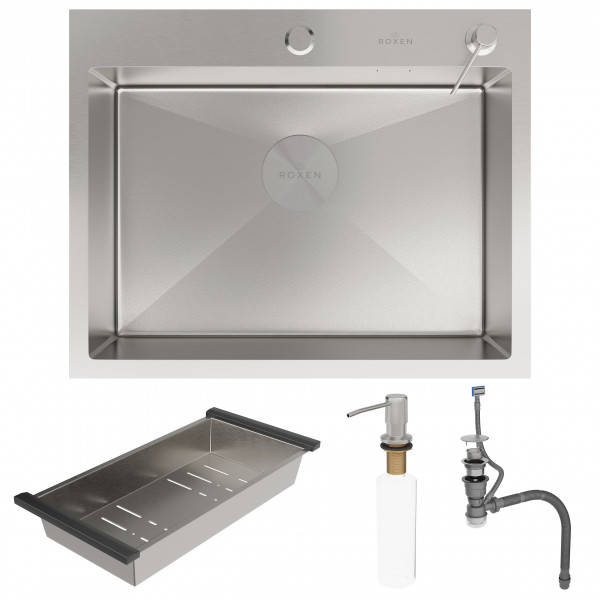 Кухонная мойка Roxen Simple 60х48 сатин (текстурное покрытие) 560220-60-V с коландером и дозатором