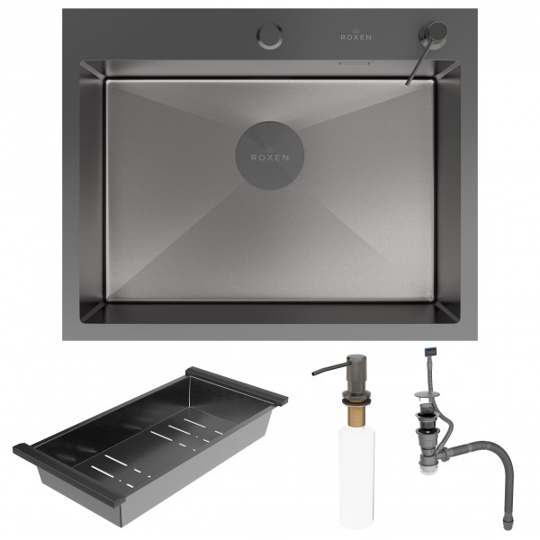 Кухонная мойка Roxen Simple 60х48 PVD оружейная сталь (текстурное покрытие) 560220-60B-V с коландером и дозатором