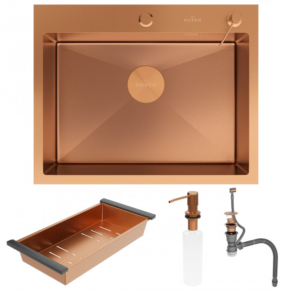 Кухонная мойка Roxen Simple 60х48 PVD бронза (текстурное покрытие) 560220-60BR-V с коландером и дозатором