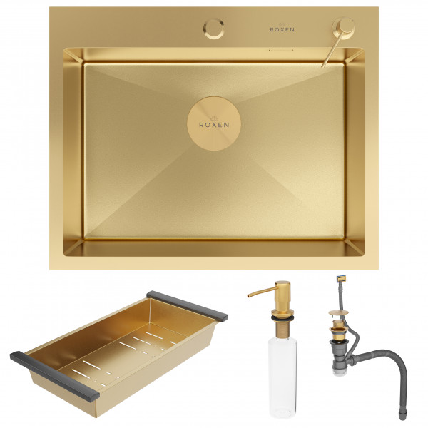 Кухонная мойка Roxen Simple 60х48 PVD золото (текстурное покрытие) 560220-60G-V с коландером и дозатором