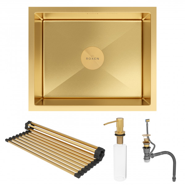 Кухонная мойка Roxen Uno 54х44 PVD золото (текстурное покрытие) 560210-54G-Vс ролл-матом и дозатором
