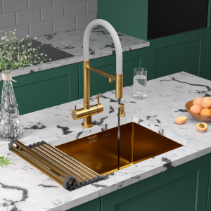 Кухонная мойка Roxen Uno 54х44 PVD золото (текстурное покрытие) 560210-54G-Vс ролл-матом и дозатором