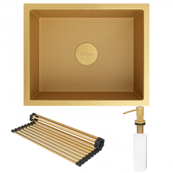 Кухонная мойка Roxen Uno 54х44 Gold (текстурное покрытие) 560210-54-GS с ролл-матом и дозатором