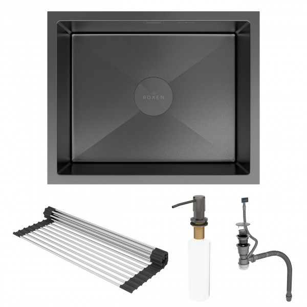 Кухонная мойка Roxen Uno 54х44 PVD графит (текстурное покрытие) 560210-54B-V с ролл-матом и дозатором