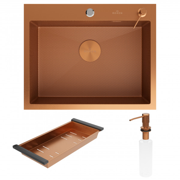 Кухонная мойка Roxen Snake 560220-60-BRS PVD 60х48 см Бронза с коландером и дозатором (износостойкое покрытие)