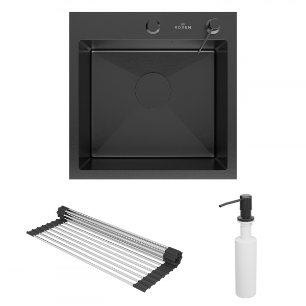 Кухонная мойка Roxen Simple 45 PVD (графит) 45x45 см с ролл-матом и дозатором