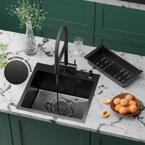 Кухонная мойка Roxen Simple 50х48 PVD зернистый графит 560220-50B-GR с коландером и дозатором