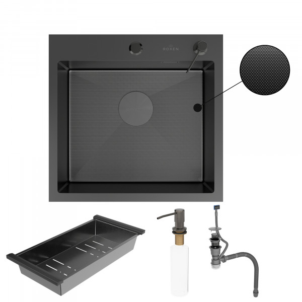 Кухонная мойка Roxen Simple 50х48 PVD зернистый графит 560220-50B-GR с коландером и дозатором