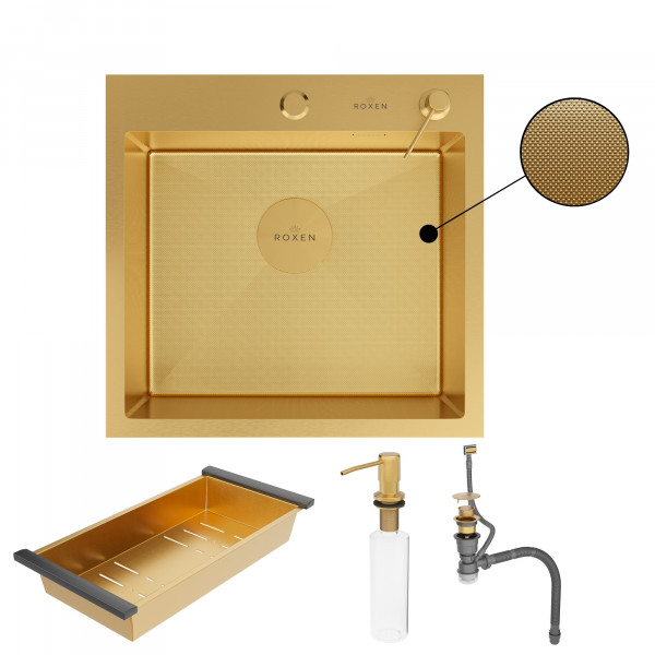 Кухонная мойка Roxen Simple 50х48 PVD зернистое золото 560220-50G-GR с коландером и дозатором