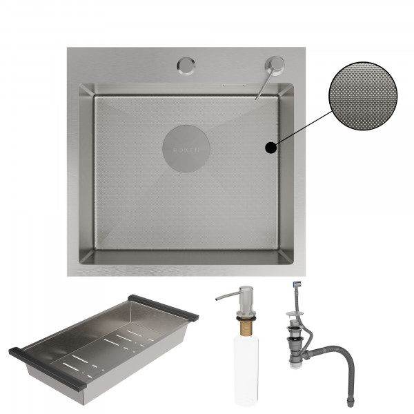 Кухонная мойка Roxen Simple 50х48 зернистый сатин 560220-50-GR с коландером и дозатором
