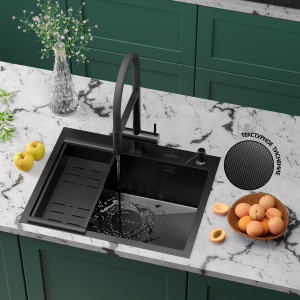 Кухонная мойка Roxen Simple 60х48 PVD зернистый графит 560220-60B-GR с коландером и дозатором