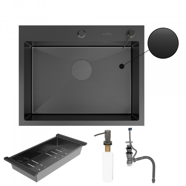 Кухонная мойка Roxen Simple 60х48 PVD зернистый графит 560220-60B-GR с коландером и дозатором