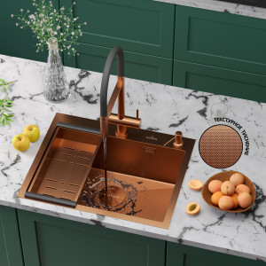 Кухонная мойка Roxen Simple 60х48 PVD зернистая бронза 560220-60BR-GR с коландером и дозатором