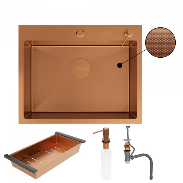 Кухонная мойка Roxen Simple 60х48 PVD зернистая бронза 560220-60BR-GR с коландером и дозатором
