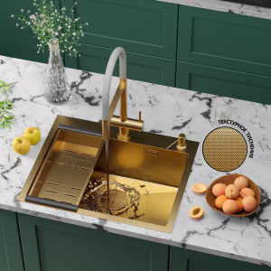 Кухонная мойка Roxen Simple 60х48 PVD зернистое золото 560220-60G-GR с коландером и дозатором
