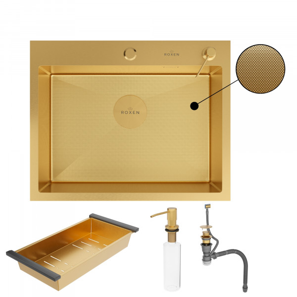 Кухонная мойка Roxen Simple 60х48 PVD зернистое золото 560220-60G-GR с коландером и дозатором