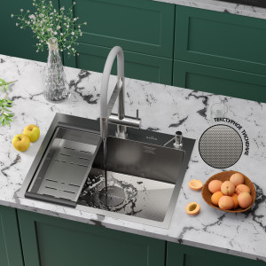 Кухонная мойка Roxen Simple 60х48 зернистый сатин 560220-60-GR с коландером и дозатором