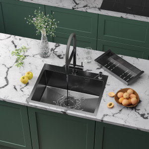 Кухонная мойка Roxen Simple 60 PVD (графит) с коландером и дозатором 60x48 см