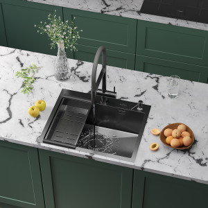 Кухонная мойка Roxen Simple 60 PVD (графит) с коландером и дозатором 60x48 см