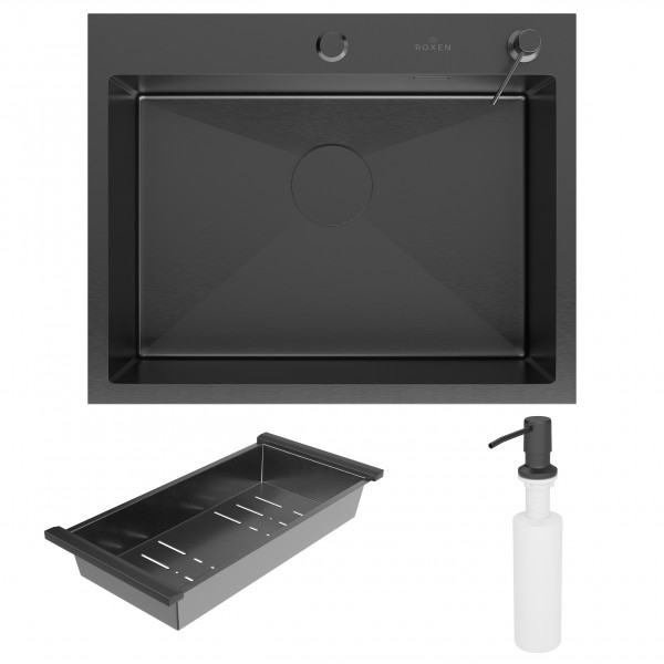 Кухонная мойка Roxen Simple 60 PVD (графит) с коландером и дозатором 60x48 см