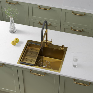Кухонная мойка Roxen Simple 60 PVD (gold) 60x48 см + дозатор и коландер