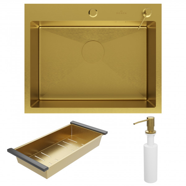Кухонная мойка Roxen Simple 60 PVD (gold) 60x48 см + дозатор и коландер