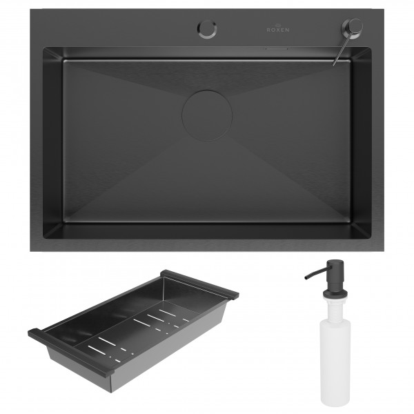 Кухонная мойка Roxen Simple 70 PVD (графит) 70x48 см с коландером и дозатором