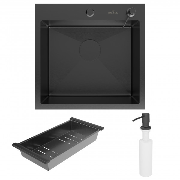 Кухонная мойка Roxen Simple 50 PVD (графит) 50x48 см с коландером и дозатором