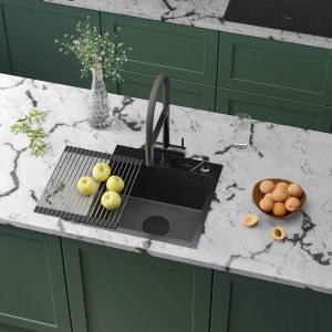Кухонная мойка Roxen Snake 45 PVD графит (текстурное покрытие) 45х45 см с ролл-матом и дозатором
