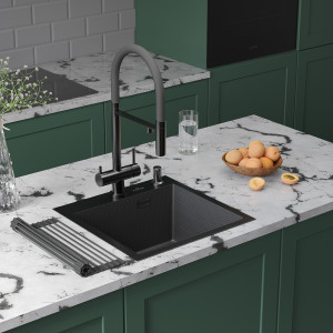 Кухонная мойка Roxen Snake 45 PVD графит (текстурное покрытие) 45х45 см с ролл-матом и дозатором