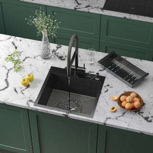 Кухонная мойка Roxen Snake 50 PVD графит (текстурное покрытие) 50х48 см с коландером и дозатором
