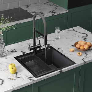 Кухонная мойка Roxen Snake 50 PVD графит (текстурное покрытие) 50х48 см с коландером и дозатором